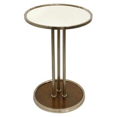 French Modern Round Drinks Table of Nickel Chrome, Mirrored Glass, and Mahogany