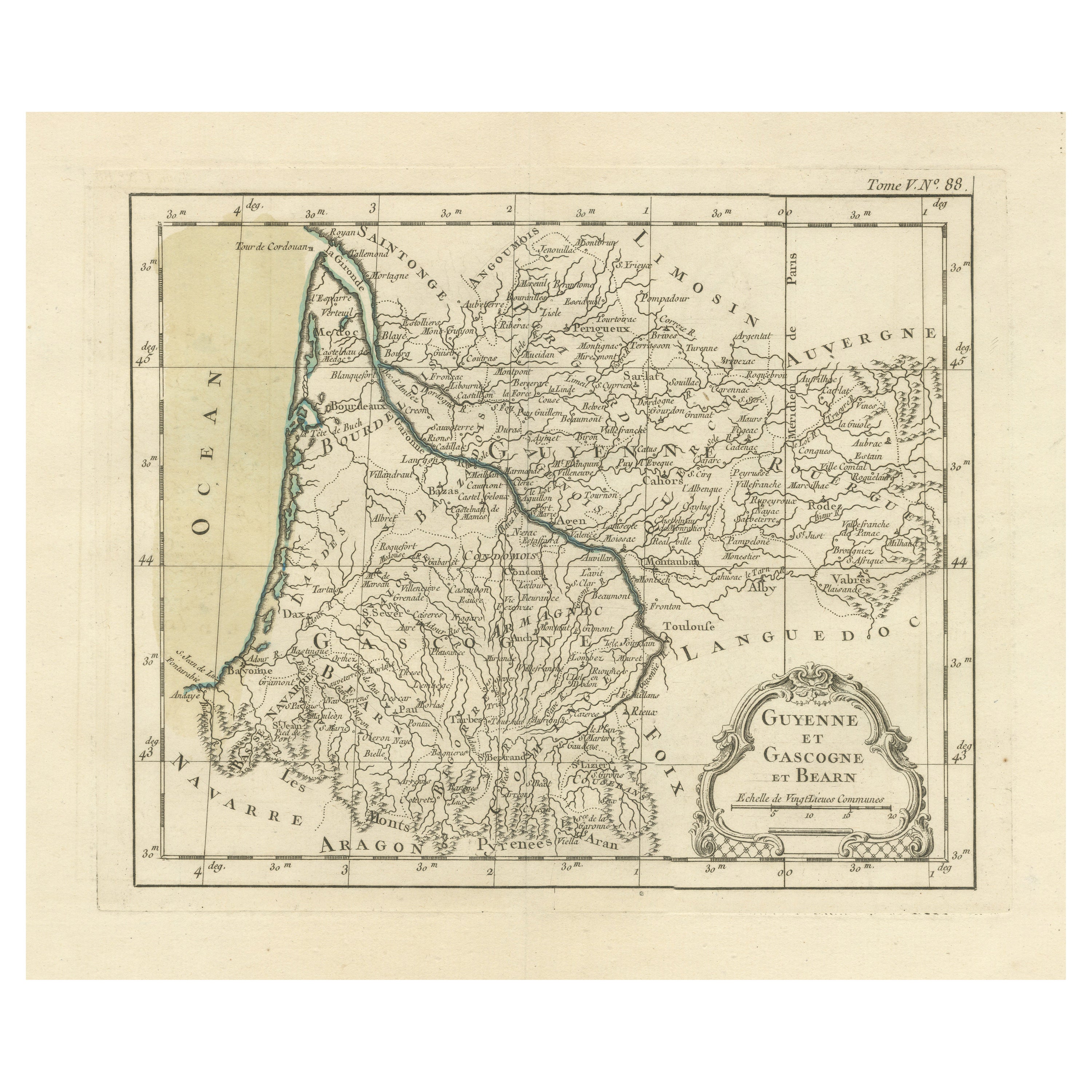 Antique Map of Guyenne, Gascony and Béarn, France For Sale