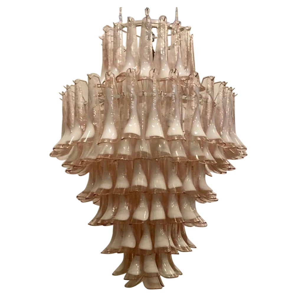 Mazzega Murano Round Light Pink and White Color Midcentury Chandelier, 2000