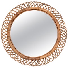 Midcentury French Riviera Rattan and Bamboo Round Mirror, Albini, Italy 1960s