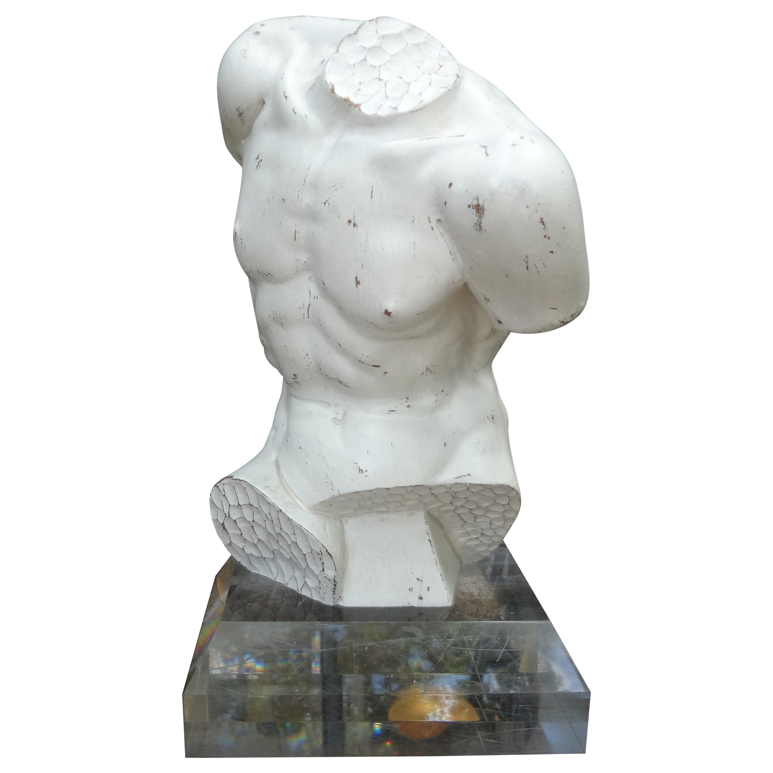 Vintage Italian Carved Wood Male Torso Sculpture on Acrylic Base