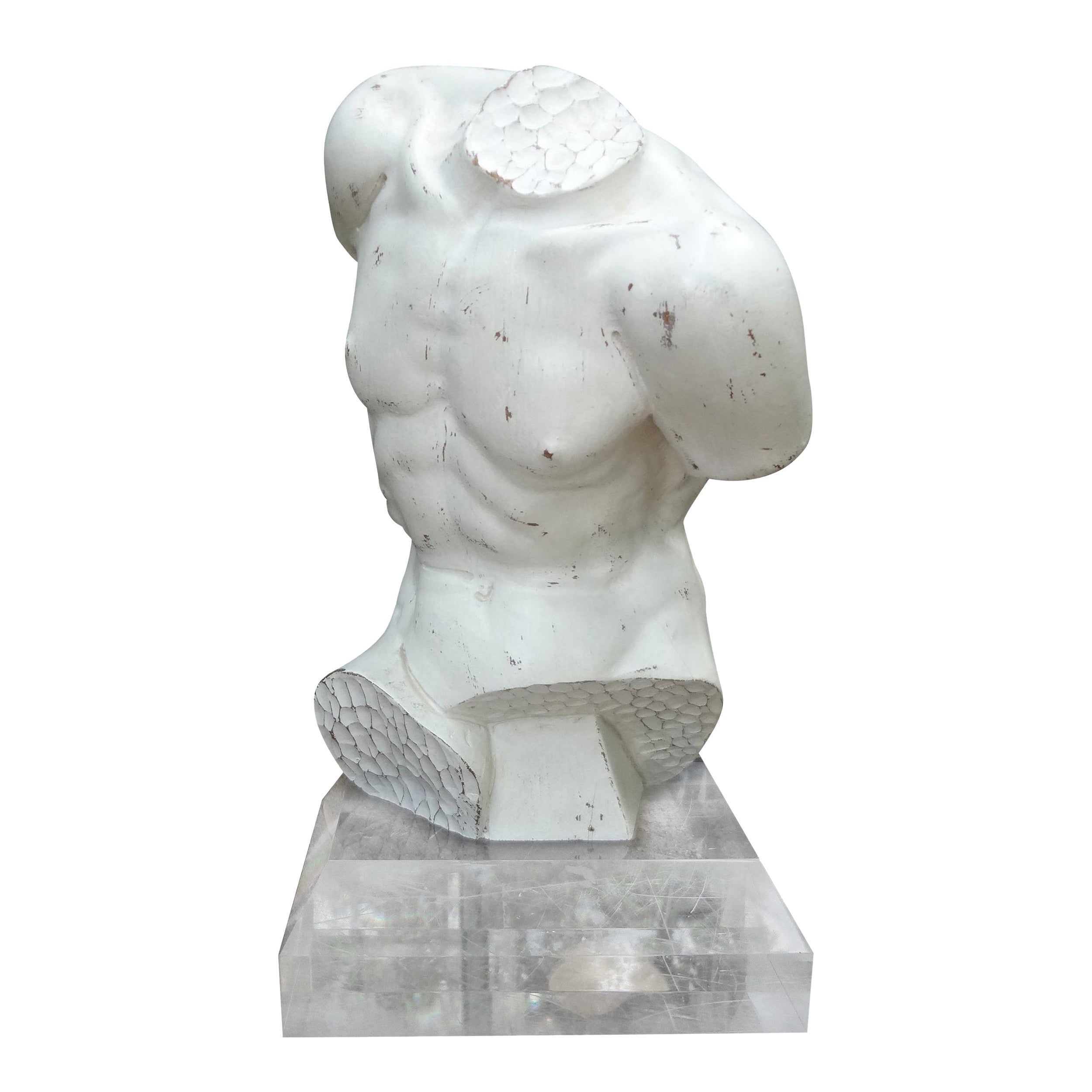 Escultura Torso Masculino de Madera Tallada Italiana Vintage sobre Base Acrílica