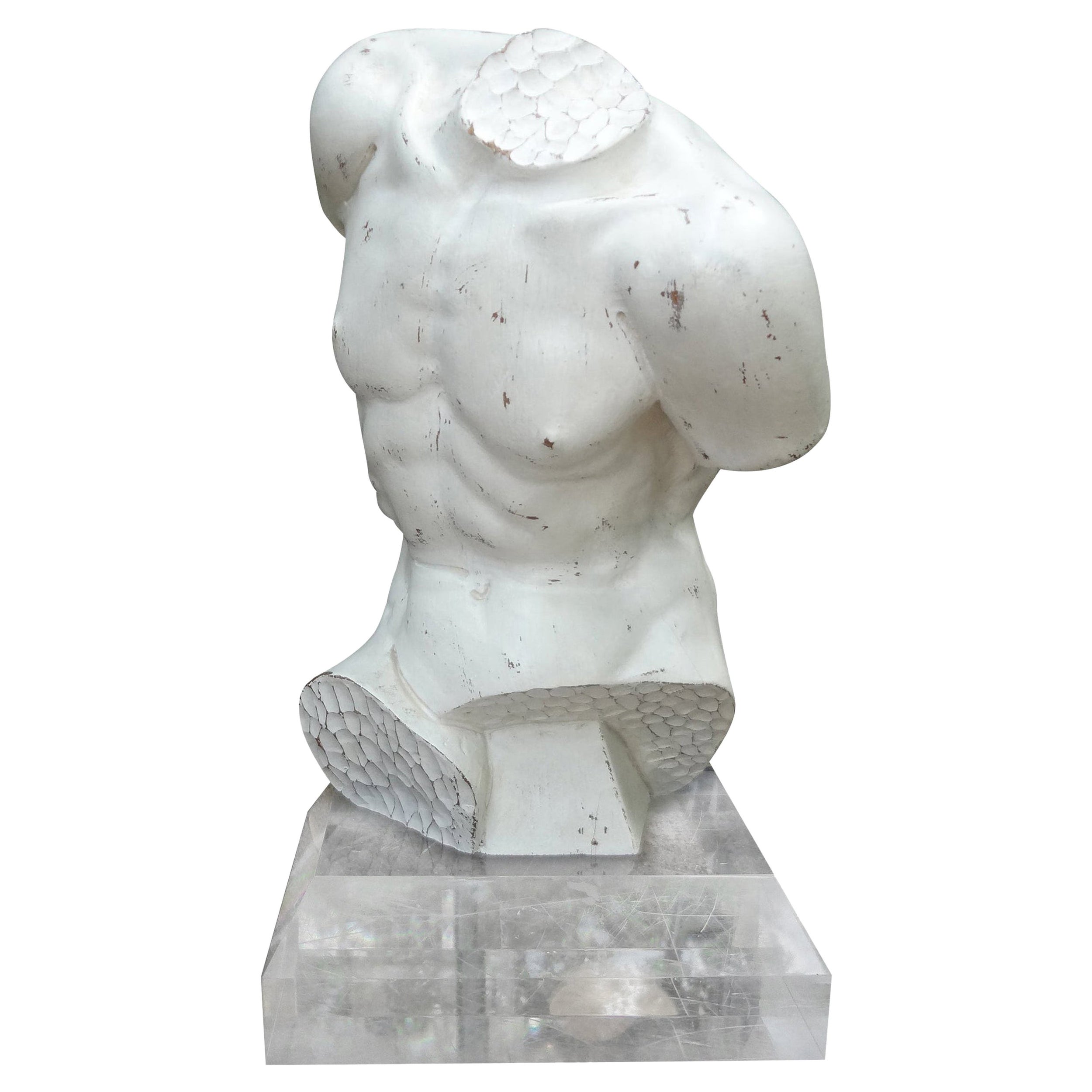 Escultura Torso Masculino de Madera Tallada Italiana Vintage sobre Base Acrílica