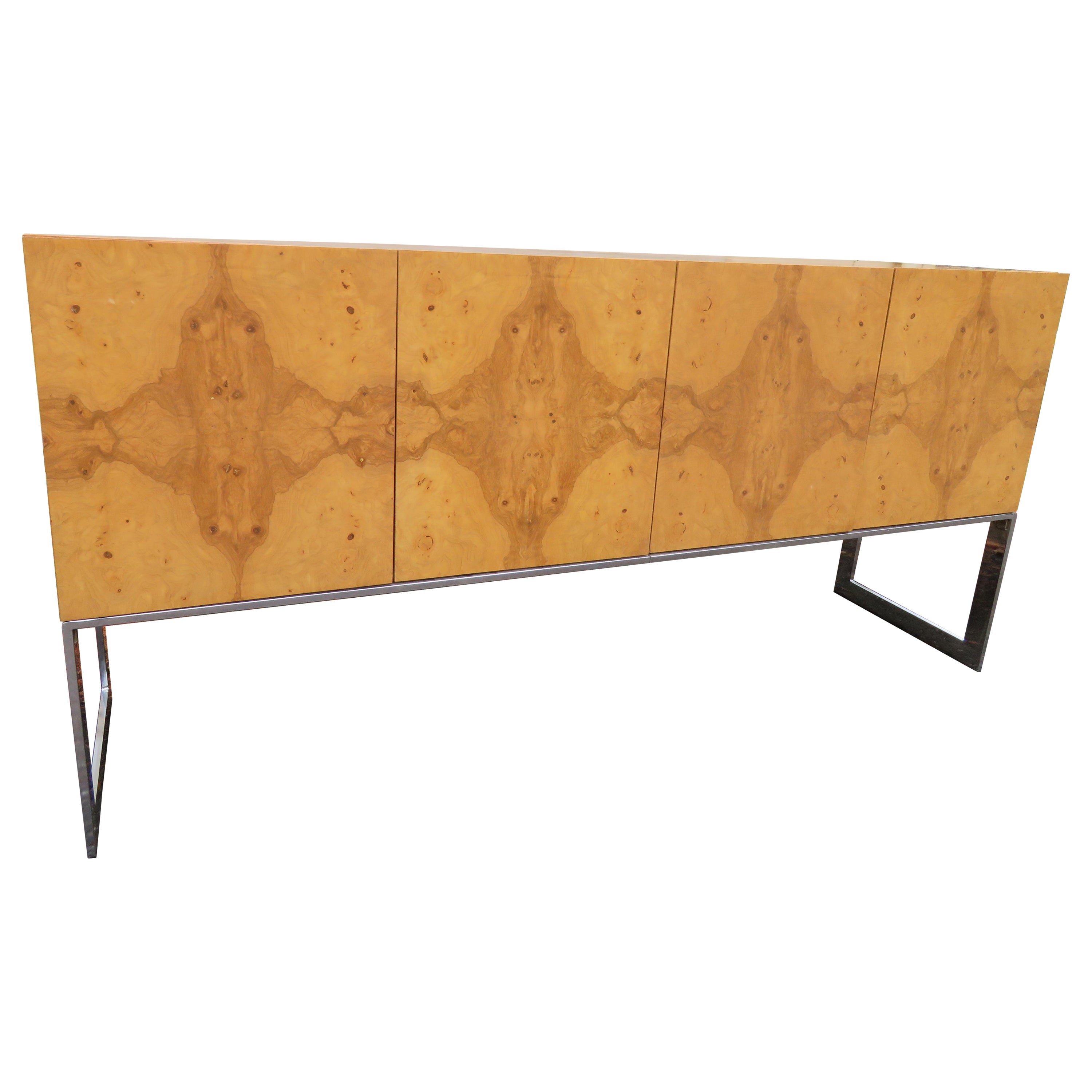 Marvelous Milo Baughman Burled Olive Wood Chrome Credenza Mid-Century Modern