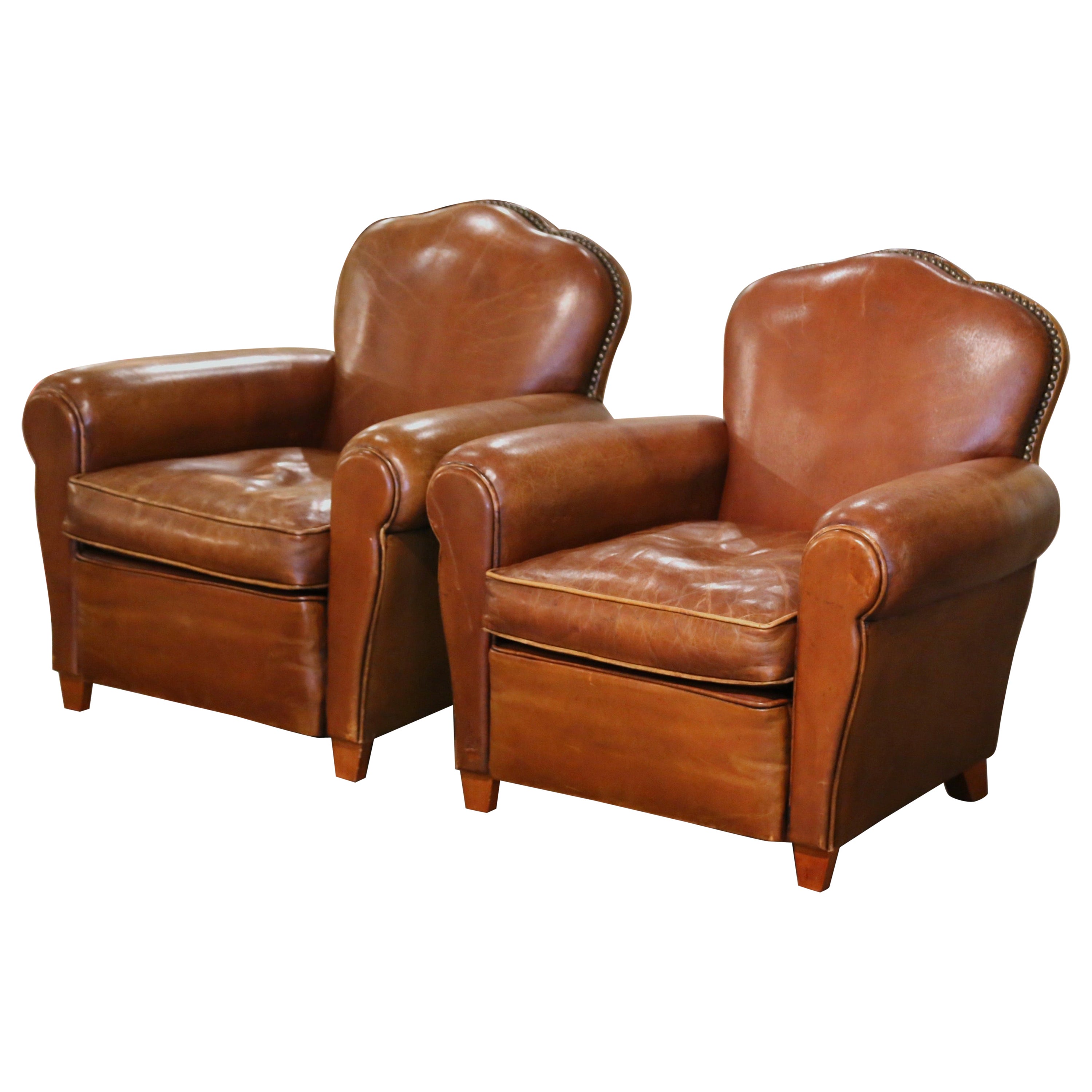 Pair of Midcentury French Art Deco Club Armchairs with Original Brown Leather