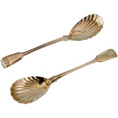 Pair of Early Victorian Silver Gilt Fiddle Thread & Shell Pattern Serving Spoons