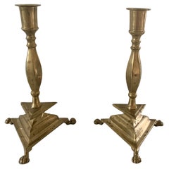 Used Neoclassical Brass Paw Foot Candlestick Holders, Pair