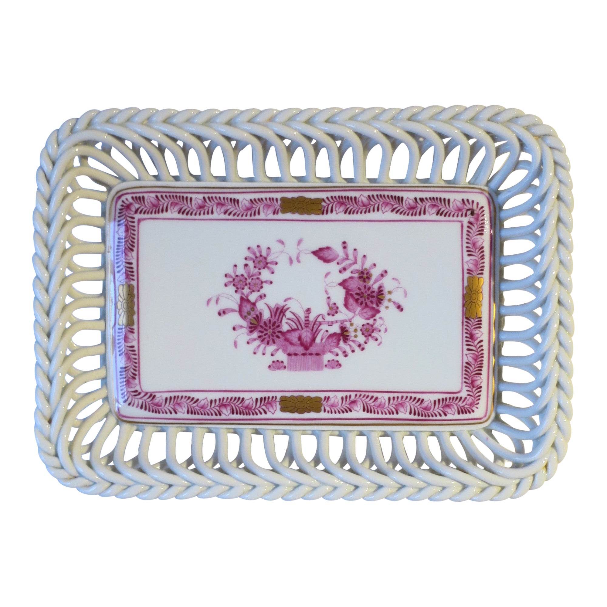 Vide-Poche plat à plateau en porcelaine blanche Herend avec détails roses et or