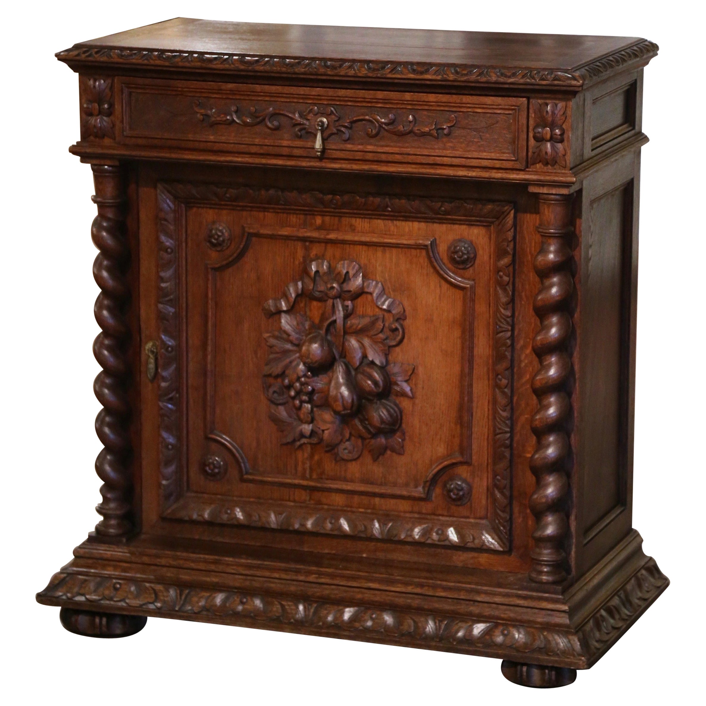 19th Century French Henri ii Carved Oak Jelly Cabinet with Fruit Decor For Sale