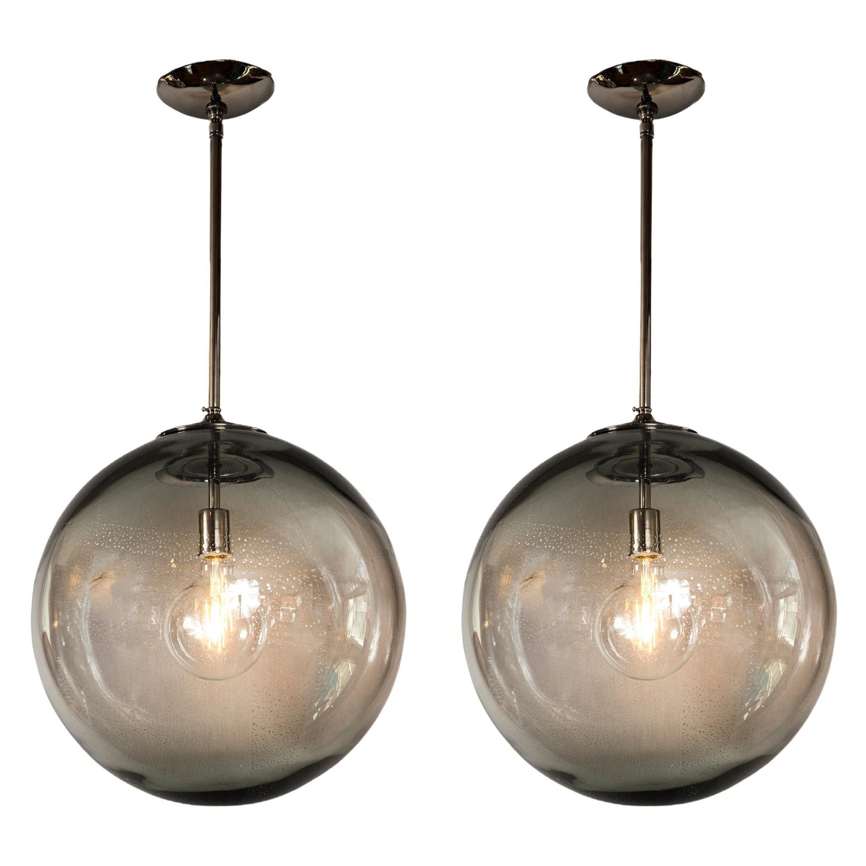 Very Large Pair Italian Murano Glass Blown Grey Globe Ceiling Fixtures, UL