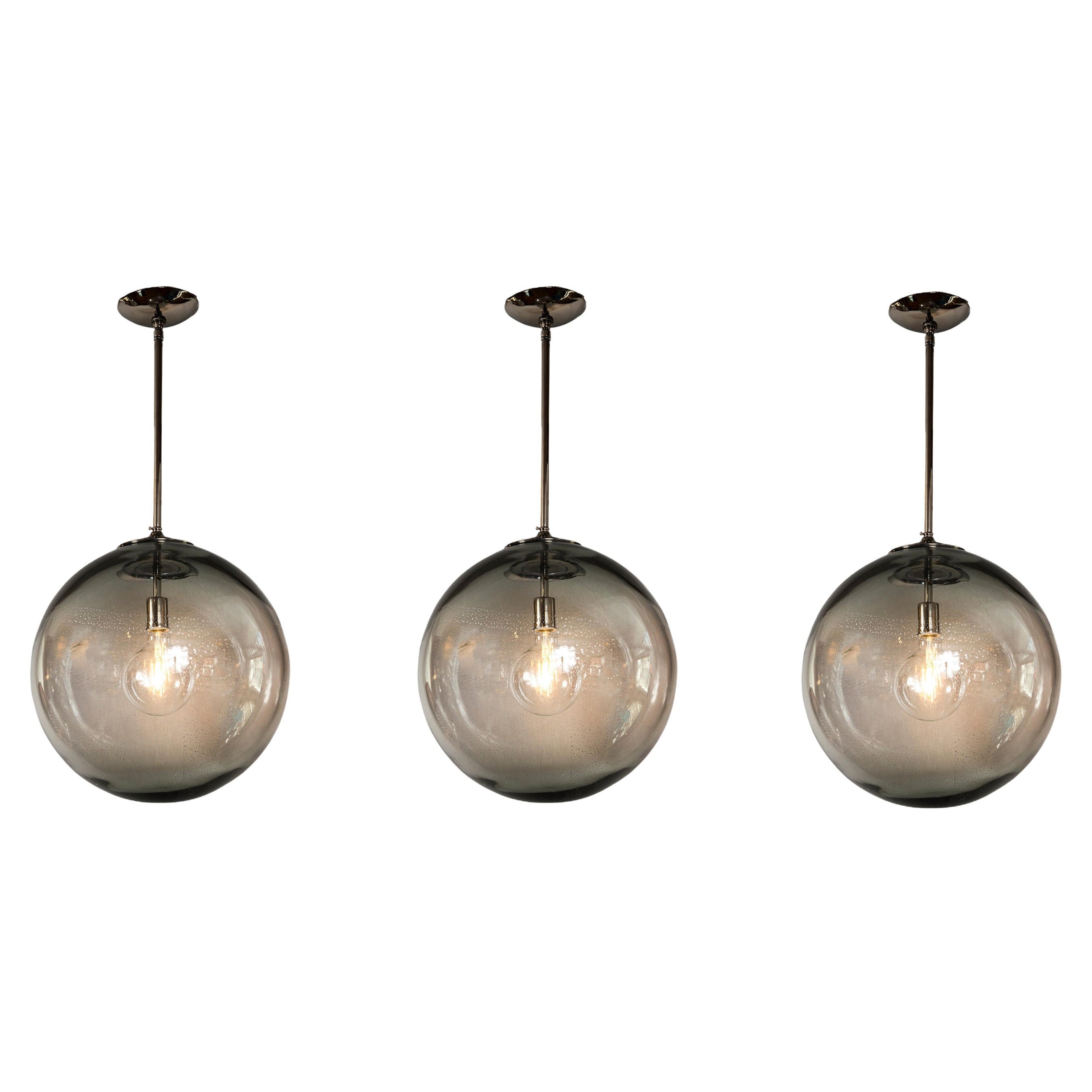 Set of 3 Very Large Pair Italian Murano Glass Blown Grey Globe Ceiling Fixtures For Sale