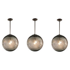 Set of 3 Very Large Pair Italian Murano Glass Blown Grey Globe Ceiling Fixtures