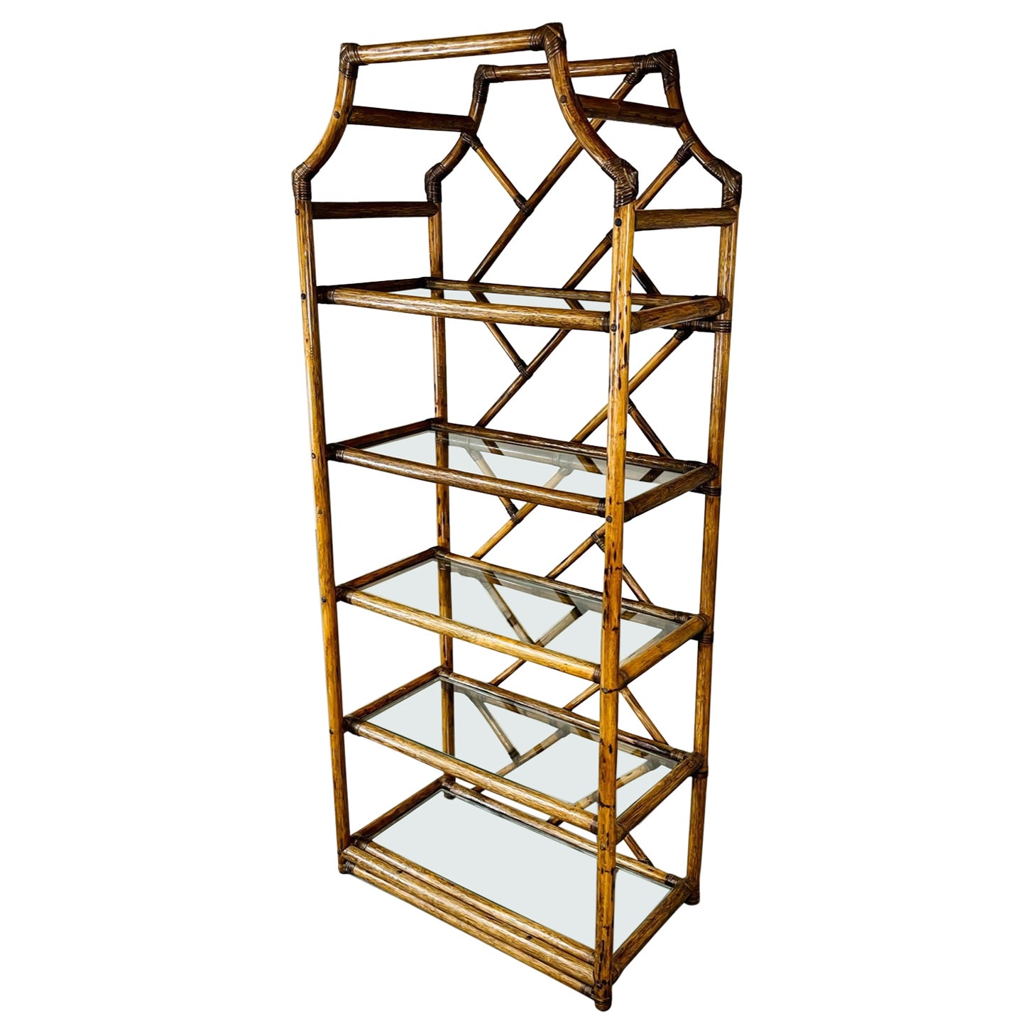 Coastal Rattan Bamboo Chippendale Glass Shelf Etagere