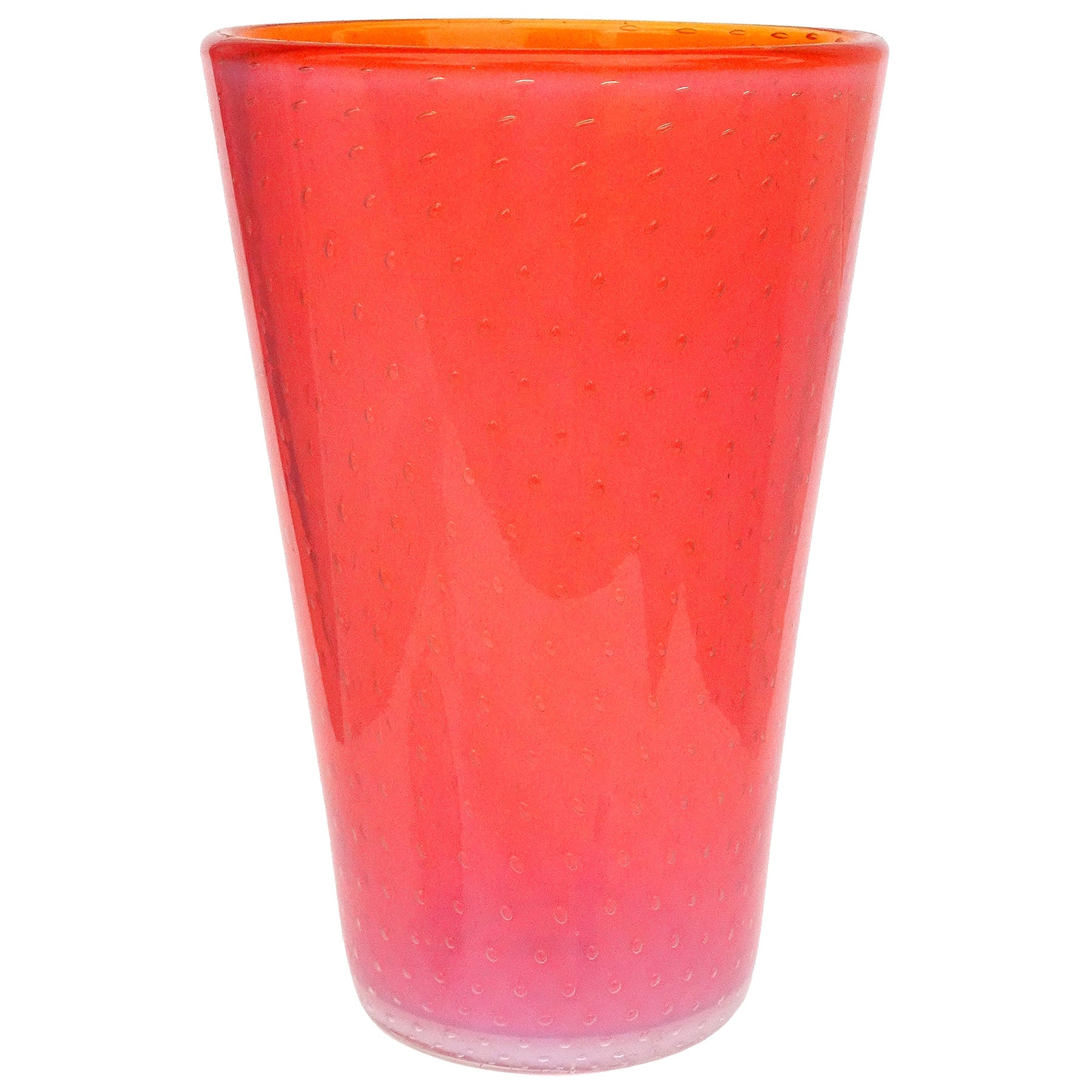Fratelli Toso Murano Orange Opalescent Italian Art Glass Bullicante Flower Vase For Sale