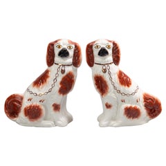 Antique Pair of 19th Century English Staffordshire Russet Spaniel Dogs Figurines