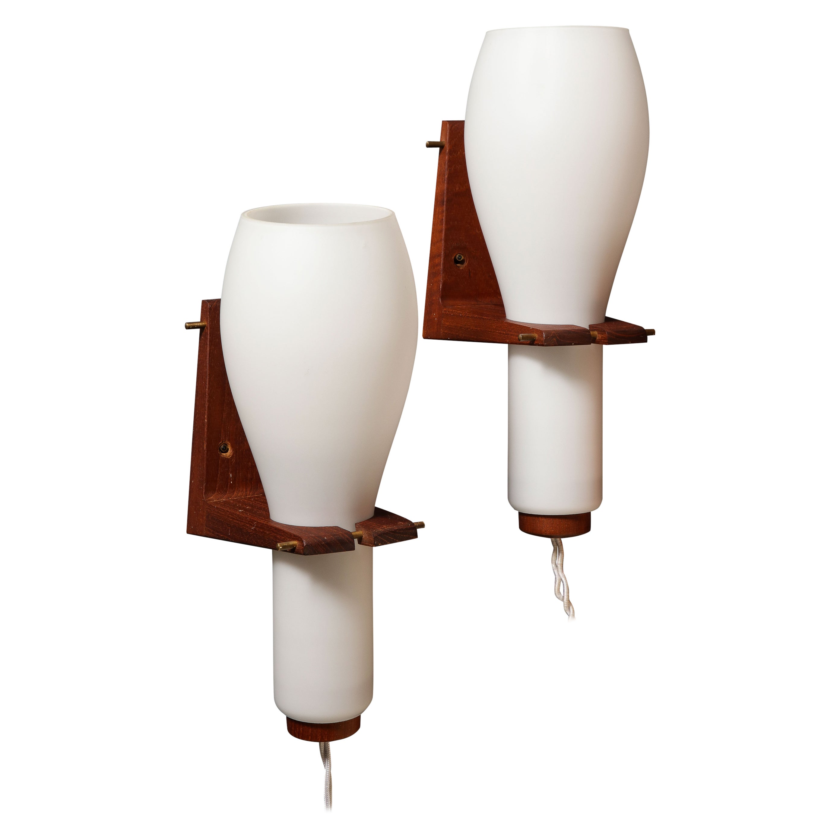 Pair of Teak Wood and Opaline Wall Lights by Philips - Netherlands 1960s For Sale