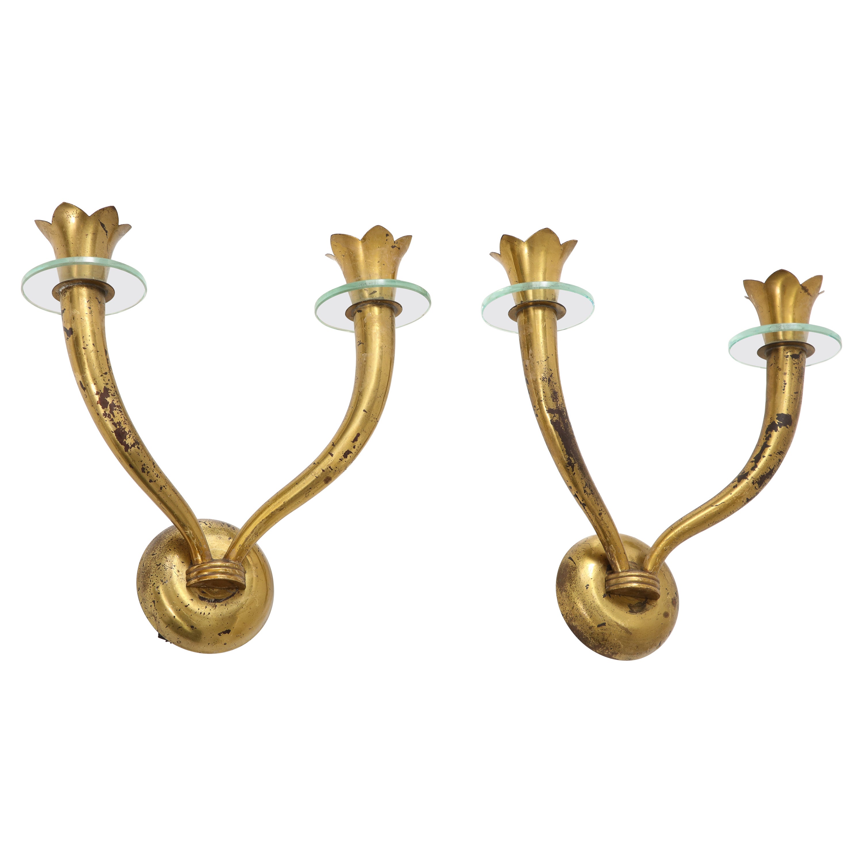 Pair of Brass and Glass Modernist Sconces Att. Emilio Lancia - Italy 1950s For Sale