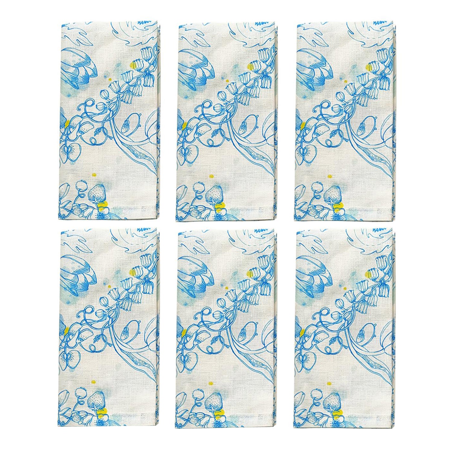 Set of Six Light Blue Linen Voile Napkins "Blue Summer" Design For Sale