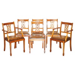 Six Vintage Restored Hand Dyed Brown Leather Hand Carved Frame Dining Chairs
