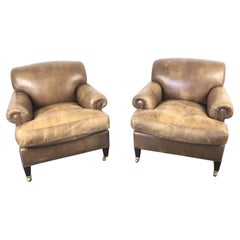 Pair of George Smith Leather Upholstered Armchairs, Scroll Arm or Cigar