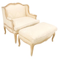 Extra Wide Country French Lounge Chair W/ Matching Ottoman Beige Upholstery Mint