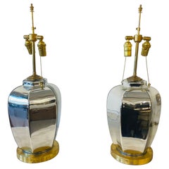 Vintage Pair of Mid-Century Modern Mirrored Table Lamps, Mercury Glass, Ginger Jar