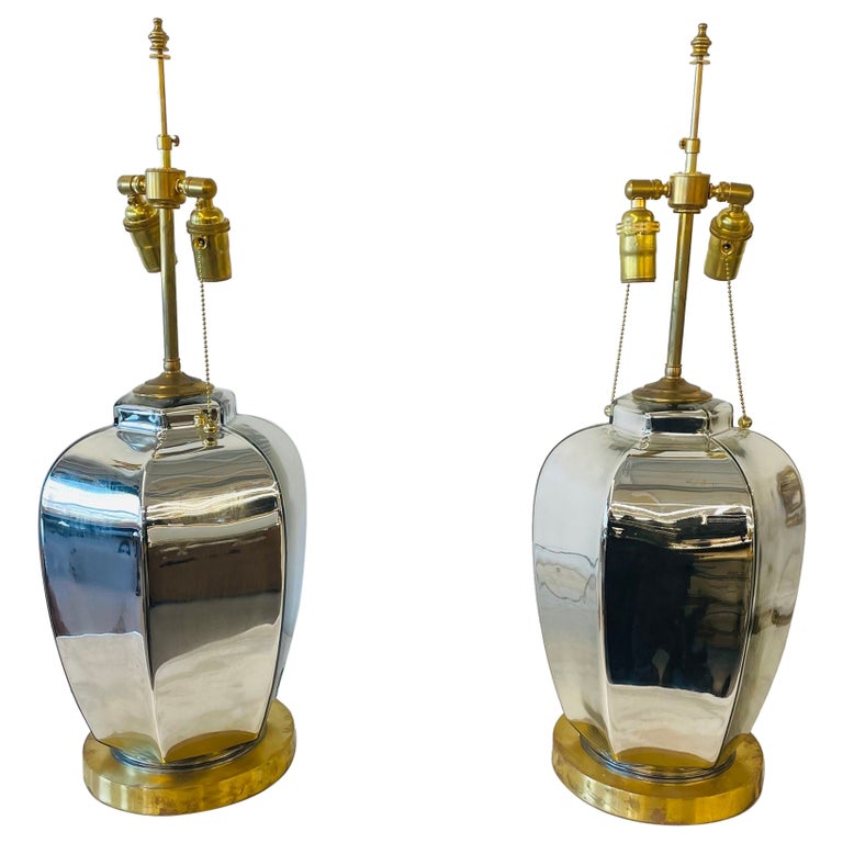 Pair of MidCentury Modern Mirrored Table Lamps, Mercury Glass, Ginger