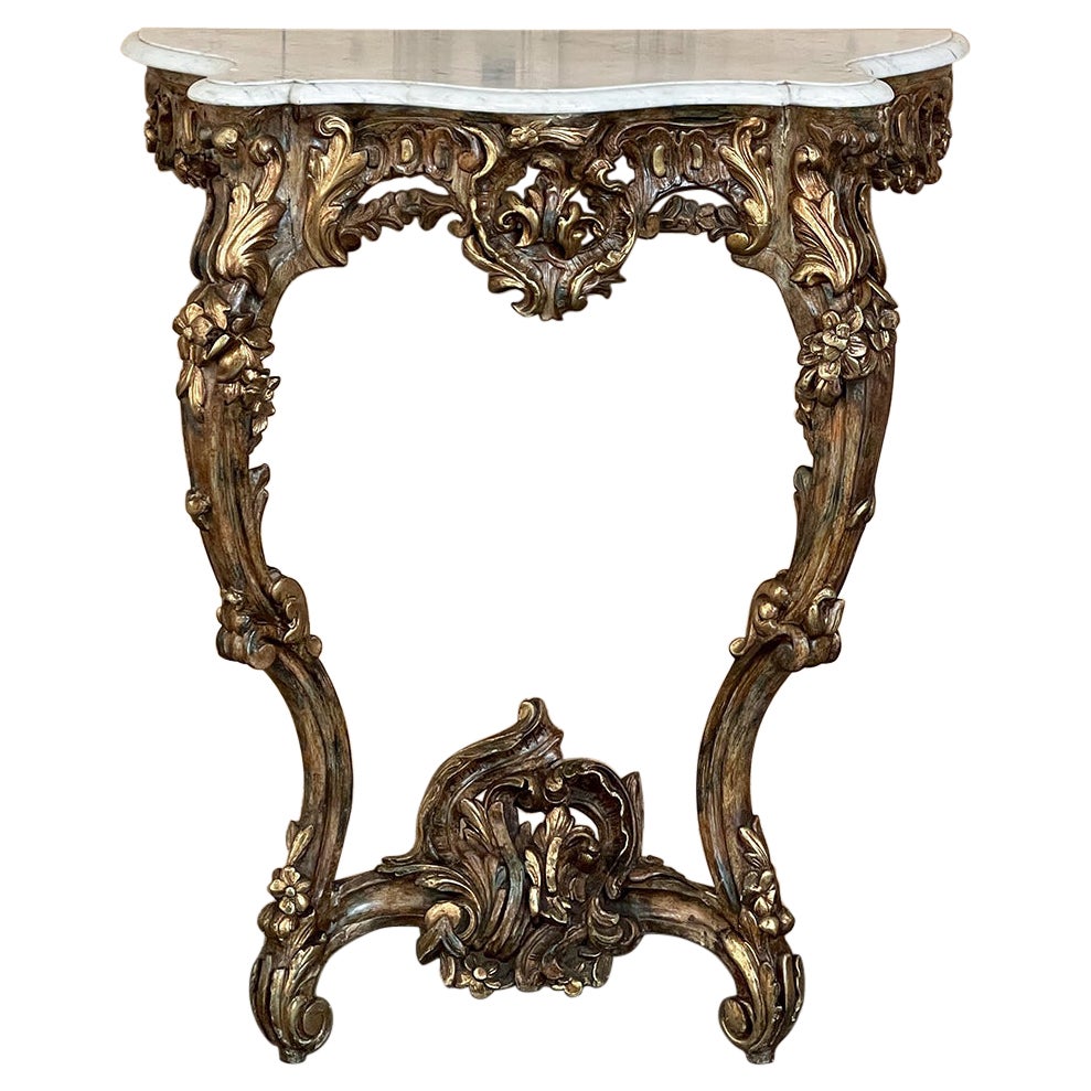 19th Century French Louis XV Rococo Marble Top Giltwood Console