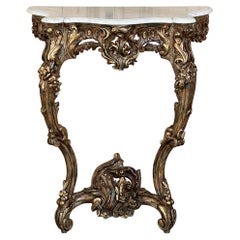 19th Century French Louis XV Rococo Marble Top Giltwood Console