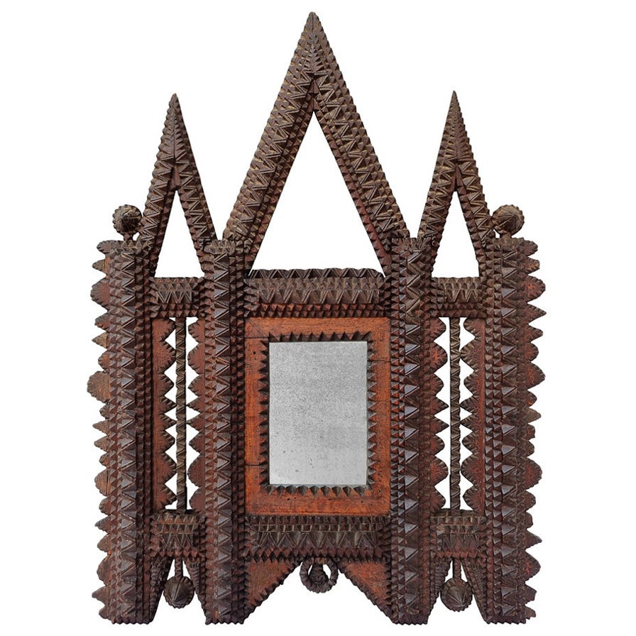Small Antique French Carved Wood Mirror, Tramp Art Style, circa 1910