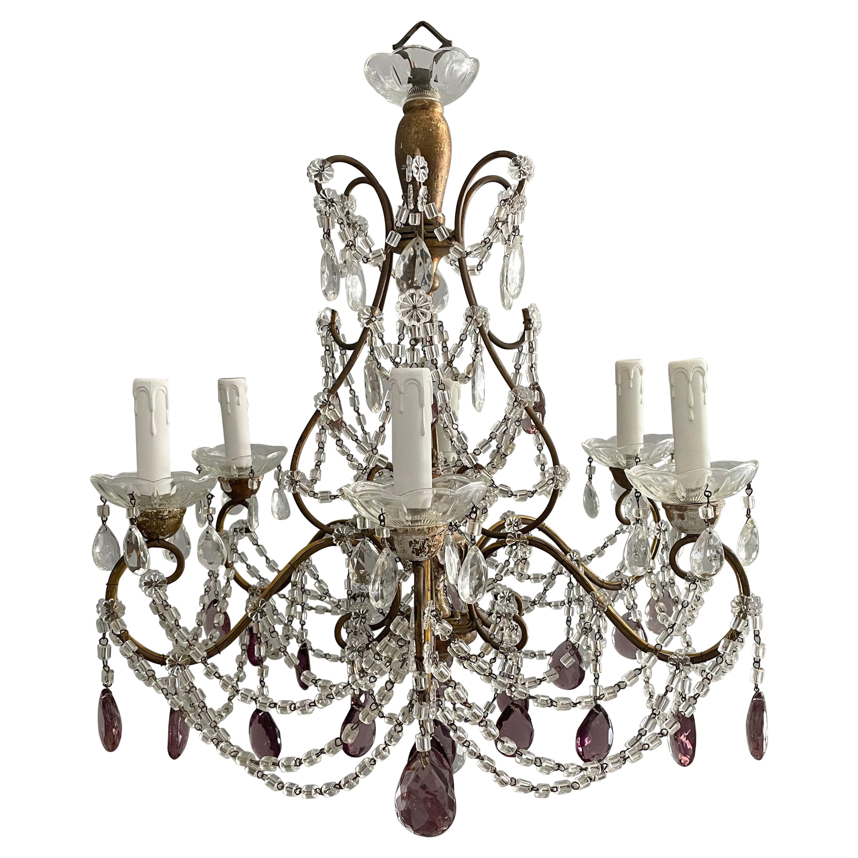 Italian Gilt Iron and Crystal Chandelier with Amethyst Prisms