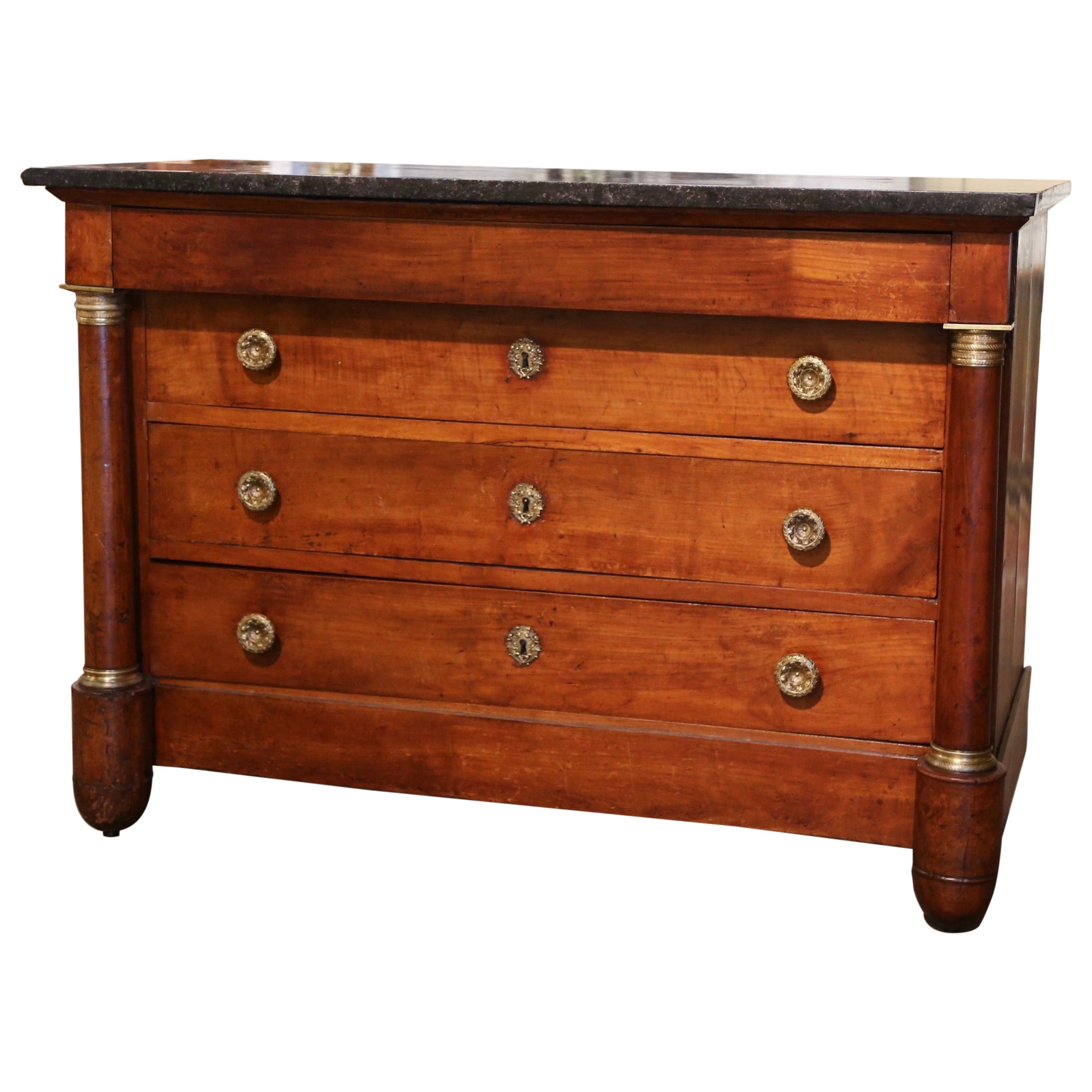 19th Century French Empire Marble Top Carved Walnut Commode Chest of Drawers