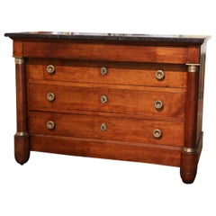 Antique 19th Century French Empire Marble Top Carved Walnut Commode Chest of Drawers