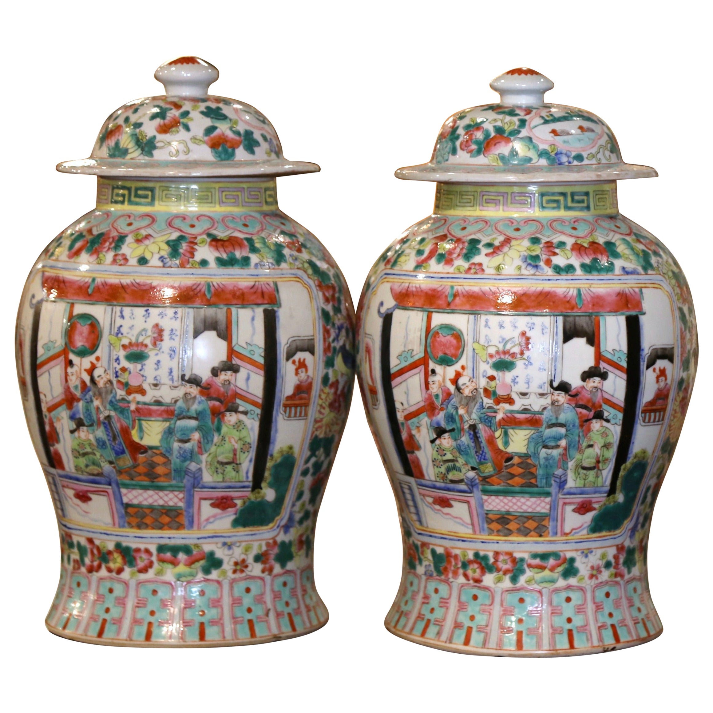 Pair of Early 20th Century Chinese Painted Famille Rose Porcelain Lidded Jars