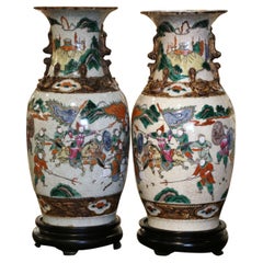 Pair of Midcentury Chinese Hand Painted Glazed Ceramic Vases on Bases