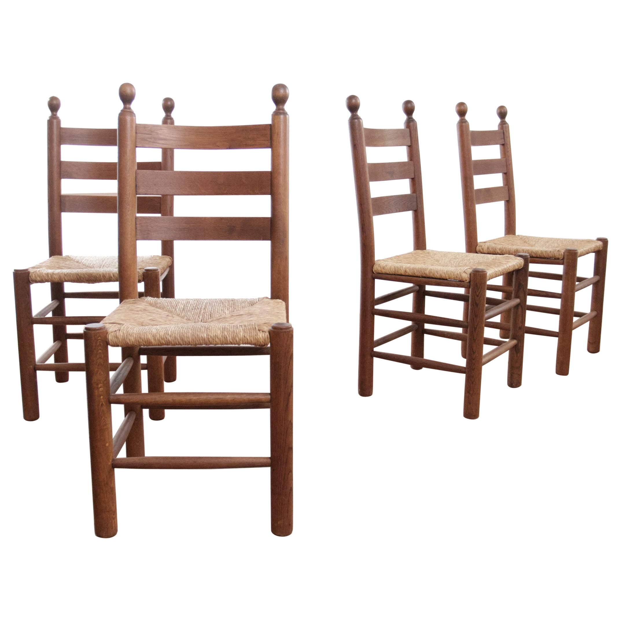 4 French Ladder Back Oak Rush Seat Dining Chairs