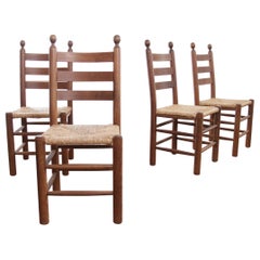 4 French Ladder Back Oak Rush Seat Dining Chairs