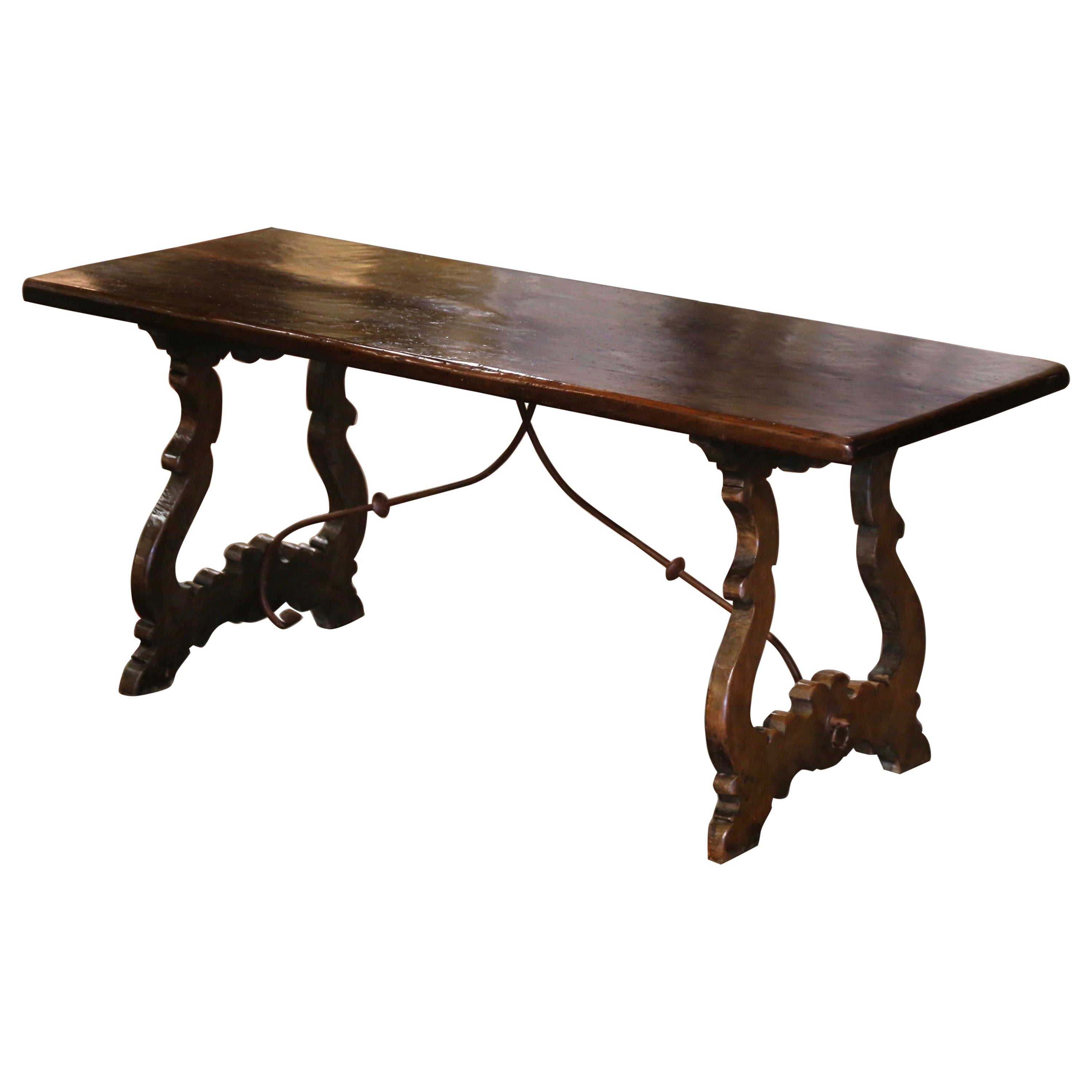 19th Century Spanish Baroque Iron Stretcher Carved Walnut Dining Trestle Table