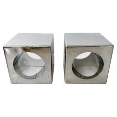 Vintage Polished Stainless Steel Cube Tables with Glass Shelves