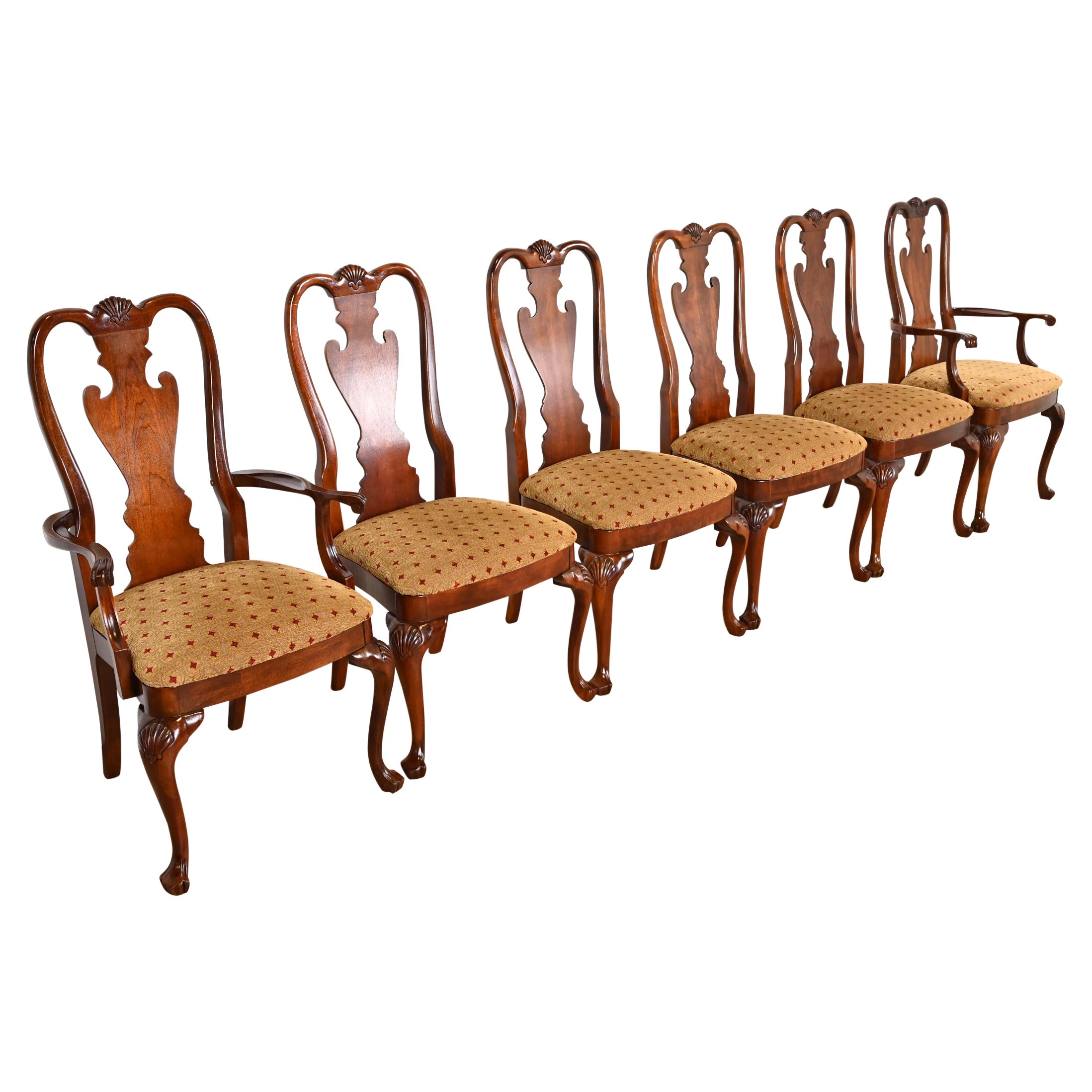 Thomasville Georgian Queen Anne Carved Mahogany Dining Chairs, Set of Six For Sale