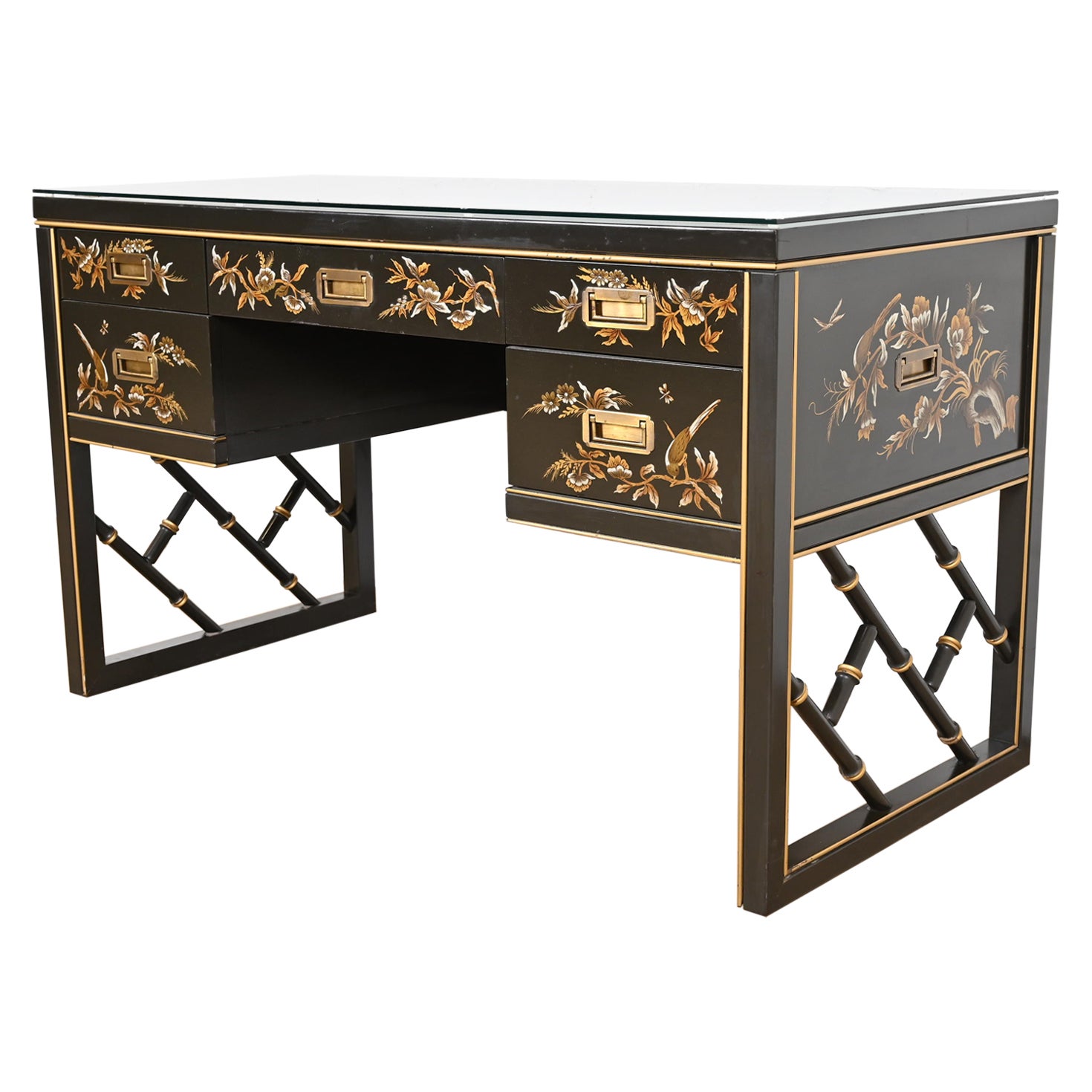 Chinoiserie Hollywood Regency Campaign Black Lacquered Writing Desk by Sligh For Sale