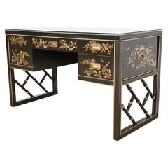 Chinoiserie Hollywood Regency Campaign Black Lacquered Writing Desk by Sligh
