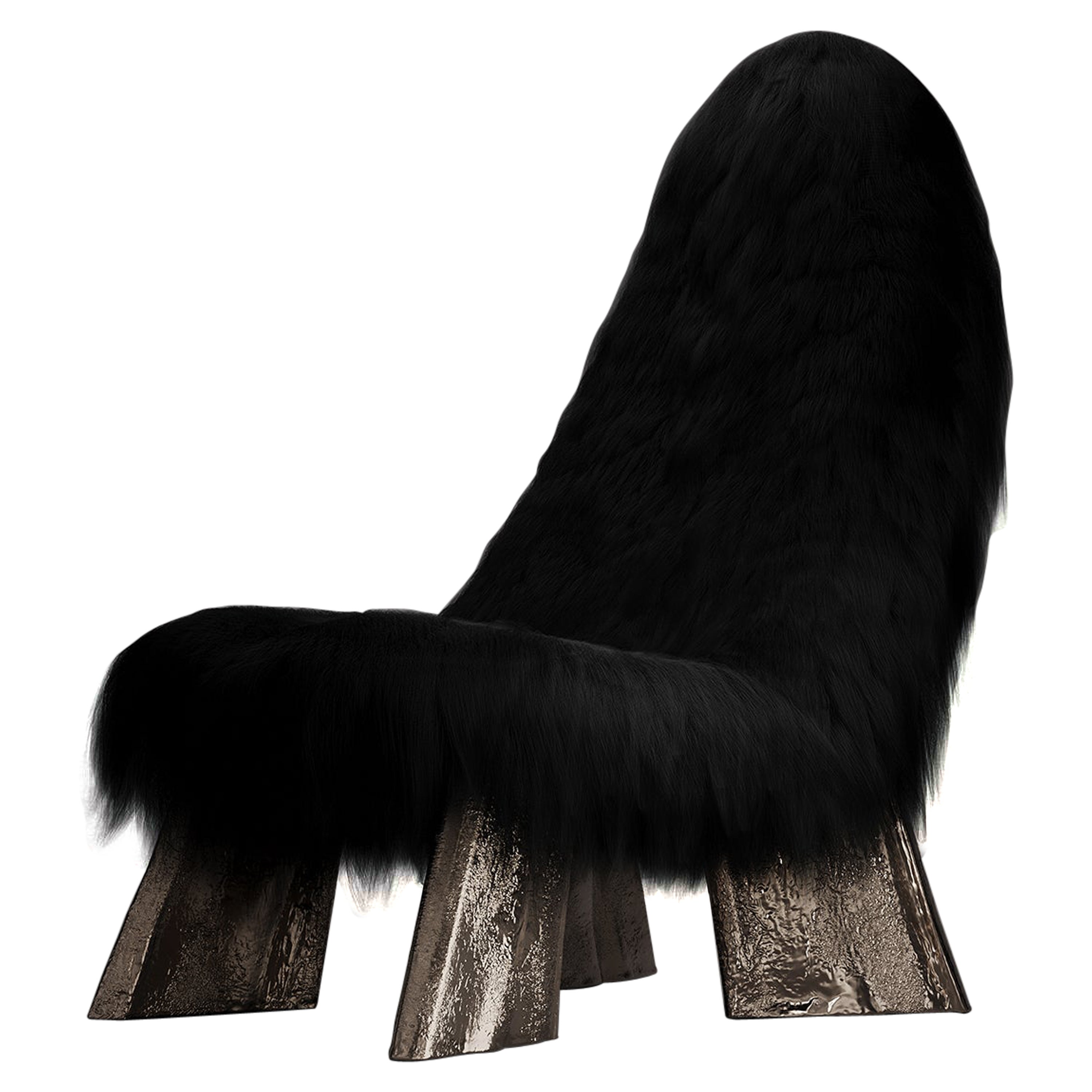 Black Chaos Lounge Chair Furry Goatskin offcuts & Cast brass by Atelier V&F For Sale