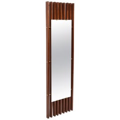 Mid-Century Modern Slatted Walnut Mirror Joined W/ Brushed Brass