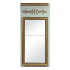 Siglo XIX Gris-Verde Imperio Francés Antiguo Espejo de Cristal Trumeau de Madera Dorada