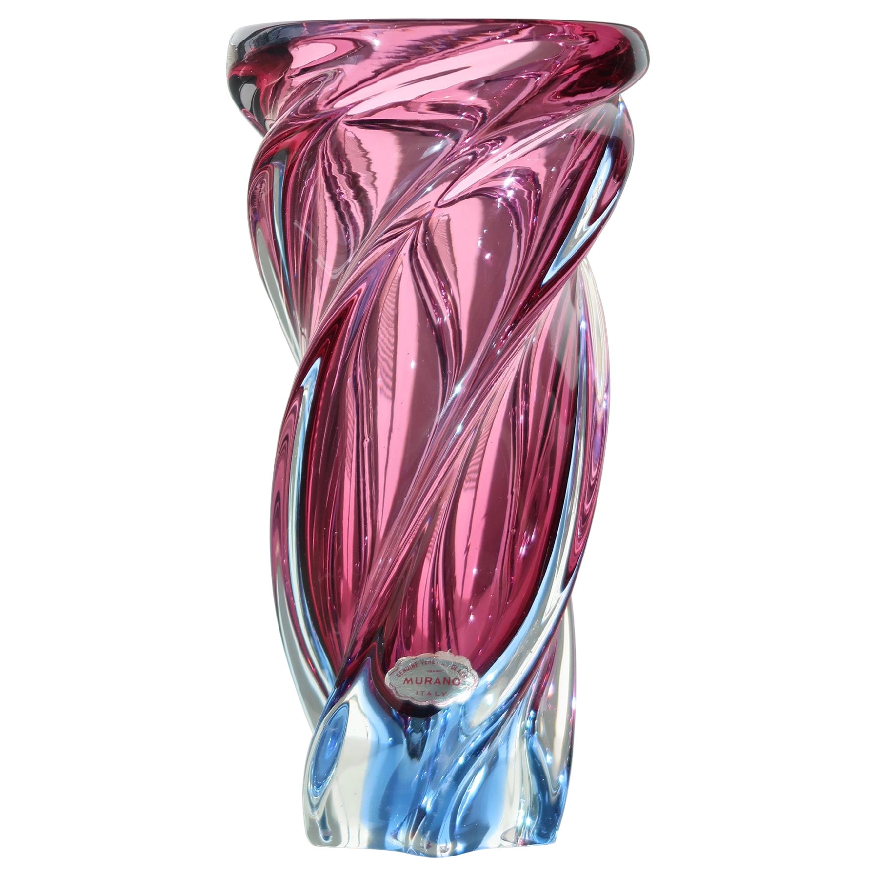 Tall Vintage Murano Sommerso Pink and Blue Glass Swirl Vase