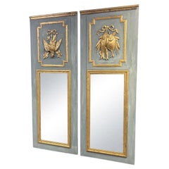 19th Century Blue-Grey French Pair of Antique Tall Allegorical Glass Mirrors