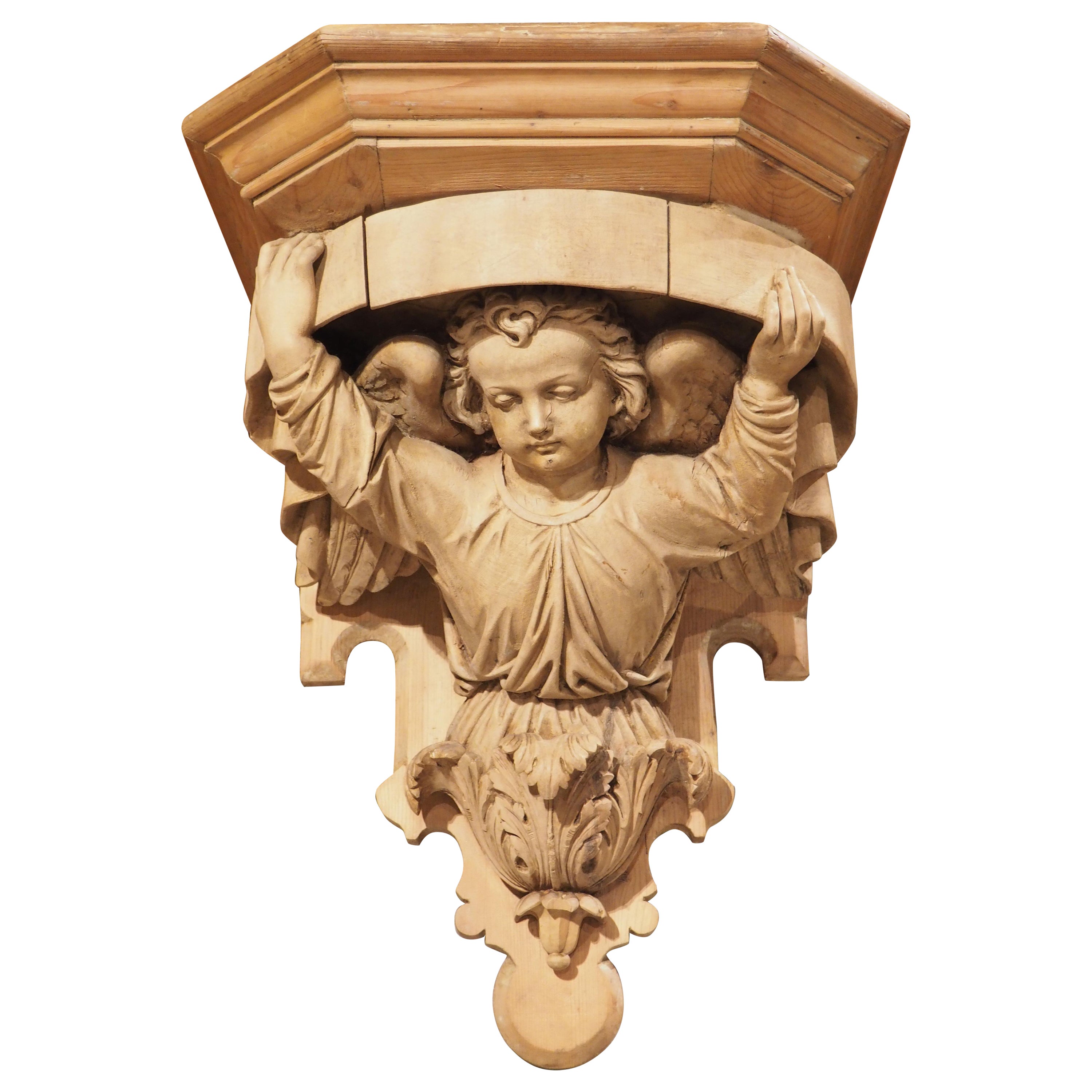 Antique Carved Wooden Angel Bracket Console from France, circa 1880