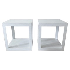 Pair 1970s Linen Wrapped White Lacquered Side Tables