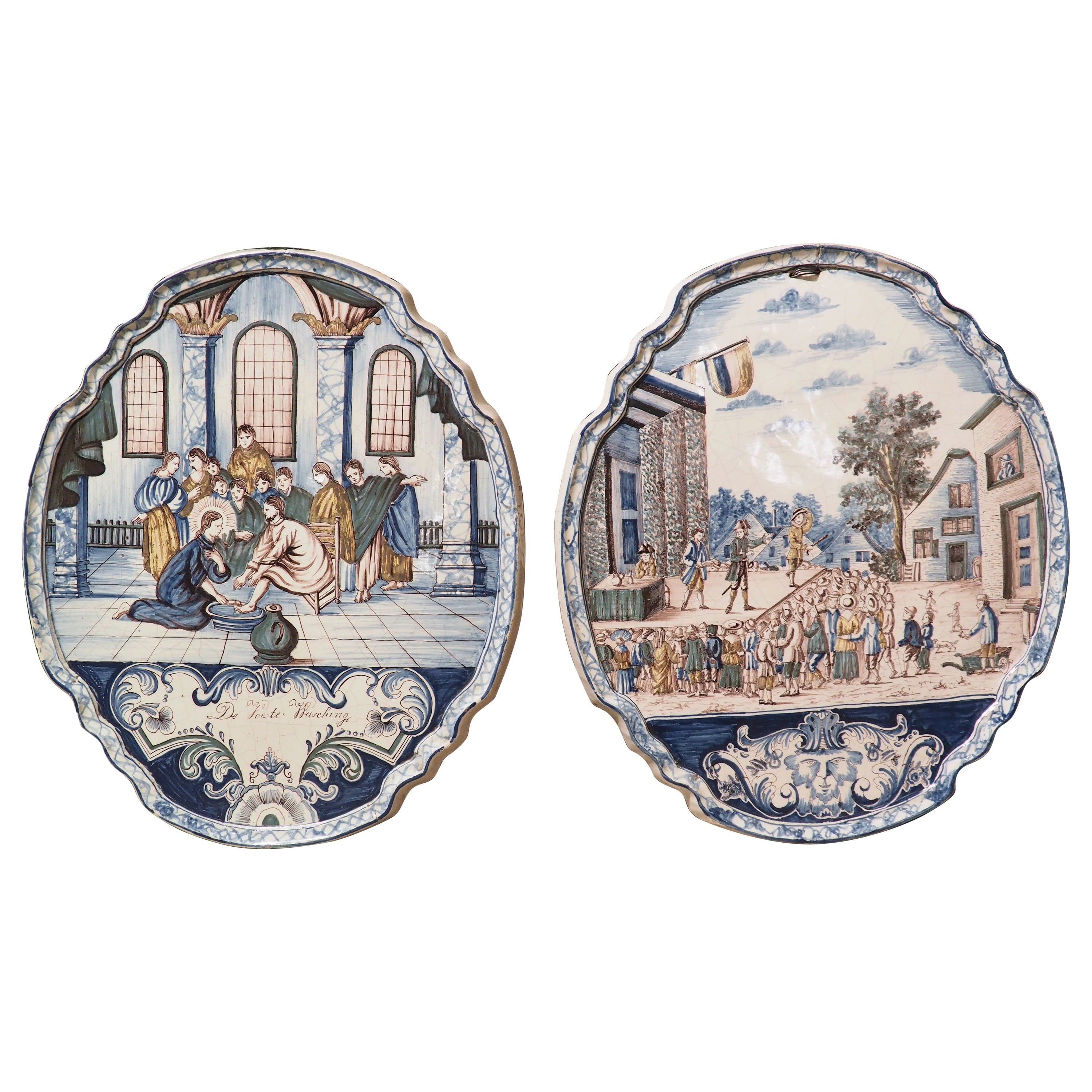 Pair of Large 19th Century Polychrome Faience Wall Plaques from Holland For Sale